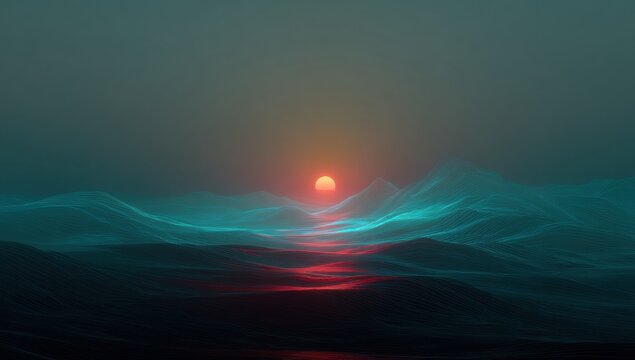 A vibrant sunset over a hazy landscape