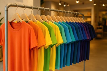 Obraz premium Vibrant retail clothing display with rainbow colored t-shirts on wooden hangers fashion boutique merchandising