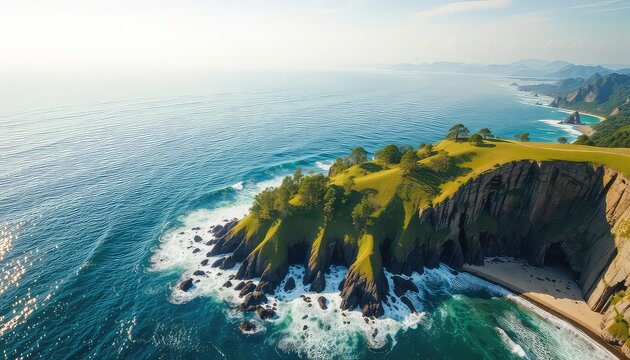 Spectacular seascape view with lush green cliffs, clear blue water, sandy beach and forested distant hills