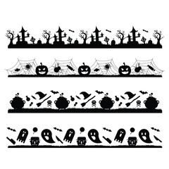 Halloween themed borders with silhouettes of haunted houses and spooky items isolated on transparent background