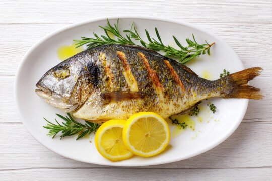 Grilled fish on a white plate, top view, wooden backdrop. Fried fish with slice of lemon and fresh herbs, olive oil. Snapper or sea bream on kitchen table. For cooking background or menu design
