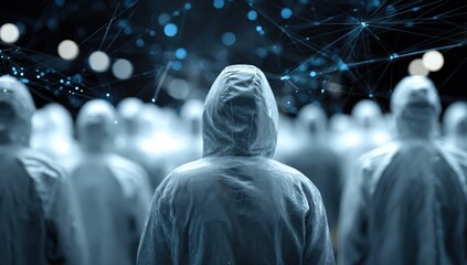 Anonymous crowd in protective gear, networked