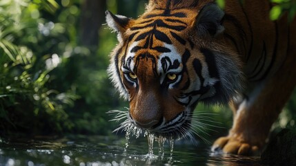 Naklejka premium A close-up of a Bengal tiger drinking water from a forest stream