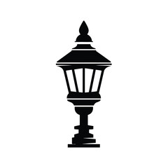 A simple black silhouette of a classic street lamp. This isolated vintage lantern icon represents historical urban illumination and timeless design elegance