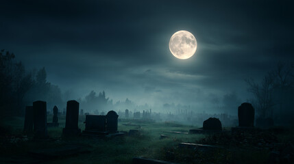A full moon shining over a dark graveyard with mist and tombstones