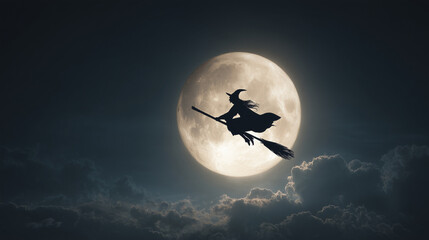 A witch flying across the moon on a broomstick