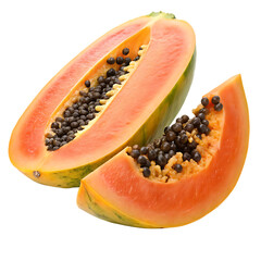A sliced papaya half isolated on a transparent background
