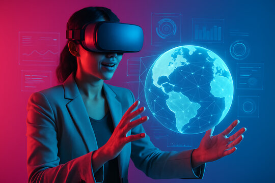 A futuristic woman is wearing a virtual reality headset and holding a digital globe in her hands, she is interacting with the augmented reality world
