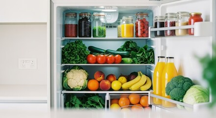 Open fridge brimming with vibrant fruits, vegetables, and bottled beverages