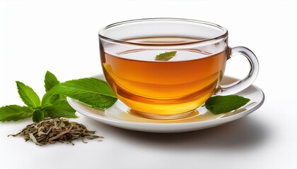 a warm cup of herbal tea brewed with aromatic leaves on a clean white background isolated on transparent background