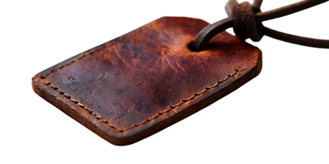 Vintage leather luggage tag, close up