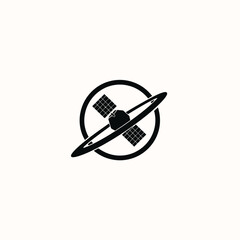 Minimalist satellite icon orbiting a planet with a ring, symbolizing space exploration, technological advancement, and global communication systems