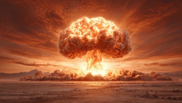 A massive nuclear explosion over a desolate landscape - Powered by Adobe
