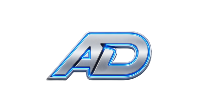 AD Logo with Metallic Finish and Neon Blue Outline