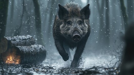 A dramatic shot of a wild boar running through wet
