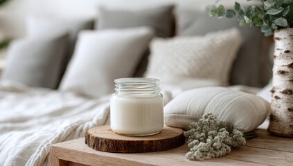 Cozy bedroom scene with candle and soft decor
