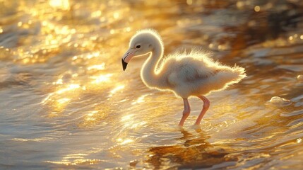 A flamingo chick wandering near shimmering shallow waters