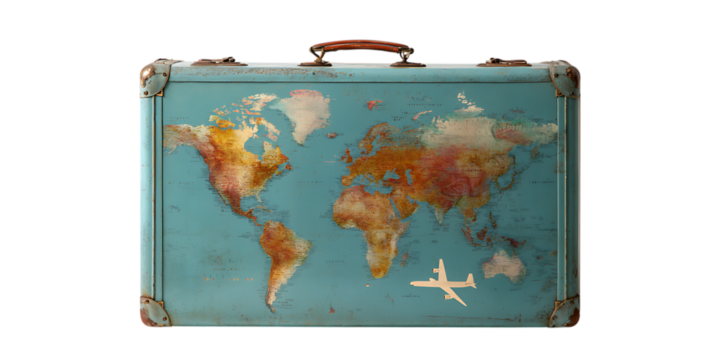 World map on vintage suitcase, travel concept