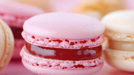 Delicious Pink Macarons with Red Filling Closeup Pastry Dessert