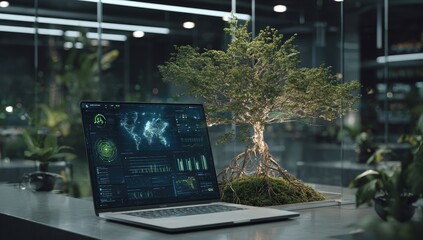 Modern laptop displaying data visualizations next to a bonsai tree in a futuristic office setting