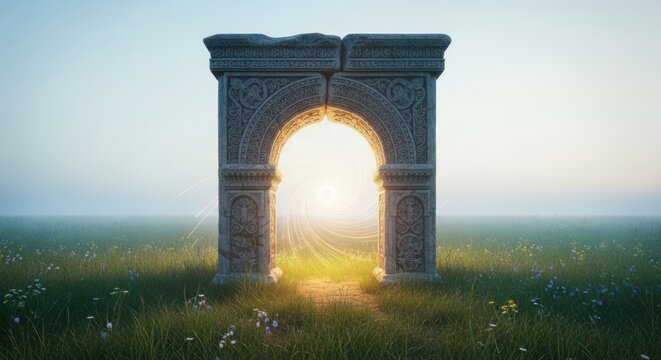 Ornate stone archway stands in a meadow bathed in golden sunlight at dawn