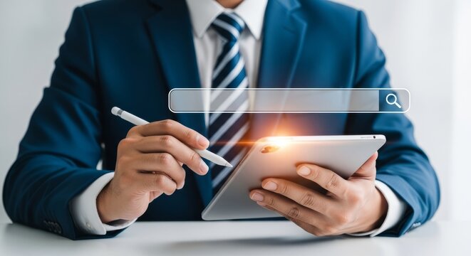 Businessman using a tablet with a search bar graphic overlay, representing online search and digital business