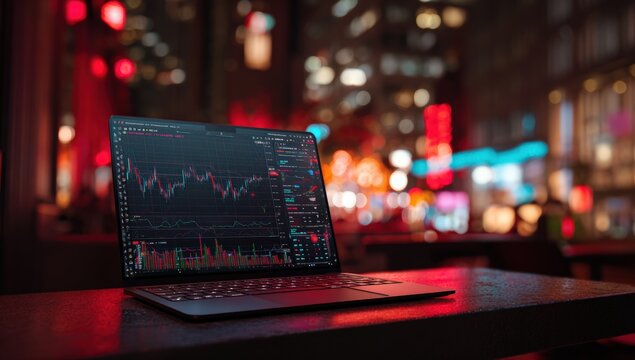 Laptop displaying stock chart in a city night scene