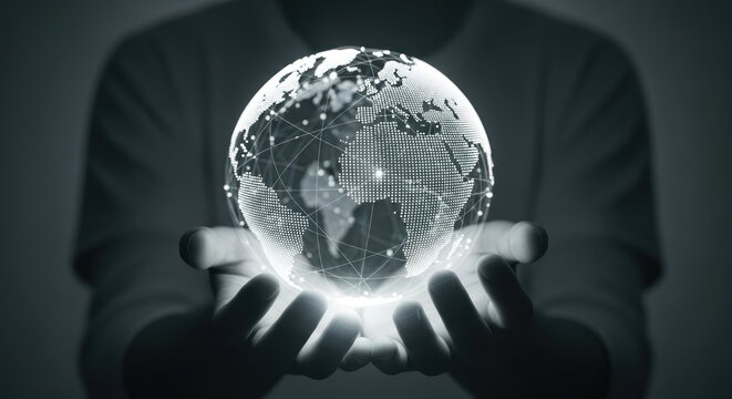Person holding glowing globe, network lines cross its surface, monochrome