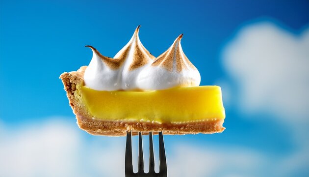 slice of lemon meringue pie on fork against blue sky vibrant dessert photography summer treat concept