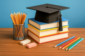 Graduation cap on stack of books with pencils in holder and erasers on wooden desk, symbolizing academic success, higher education, learning, study goals, and back to school or graduation concept