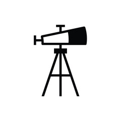 Simple black silhouette vector of a telescope on a tripod, symbolizing astronomical observation, scientific discovery, and the exploration of the cosmos