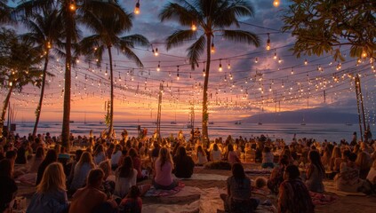 Sunset beach gathering under string lights