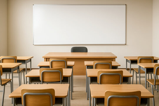 Empty classroom interior with rows of wooden desks, chairs, and large whiteboard at the front. Represents school environment, education, learning spaces, and academic atmosphere.