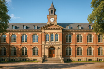 Obraz premium Elegant classic European-style school with brick facade and central clock tower. Represents tradition, learning, heritage architecture, and cultural history of education.