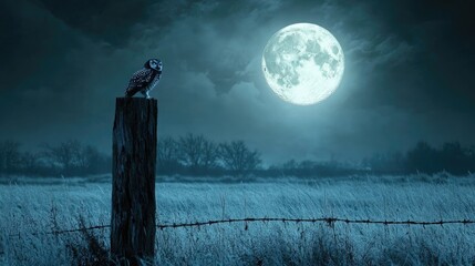 A lone owl sitting atop a weathered fencepost in the middle of an empty field