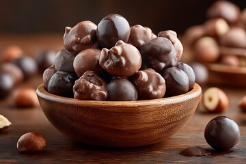 A bowl of chocolate-covered nuts on a wooden table, with scattered nuts and a blurred background.