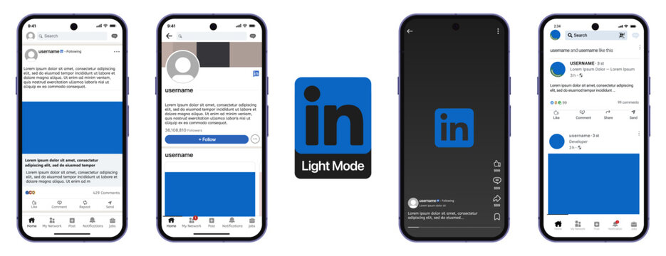 LinkedIn mockup social media template with LinkedIn mobile screen feed, LinkedIn post frame, LinkedIn open work page and social network interface