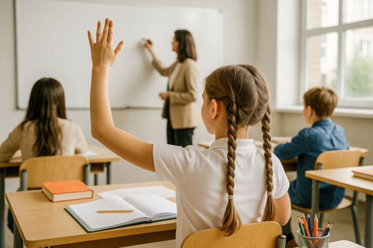 Schoolgirl with braids raising her hand in class while teacher writes on whiteboard. Other students sit at desks, creating an educational atmosphere of participation, learning, and active engagement.