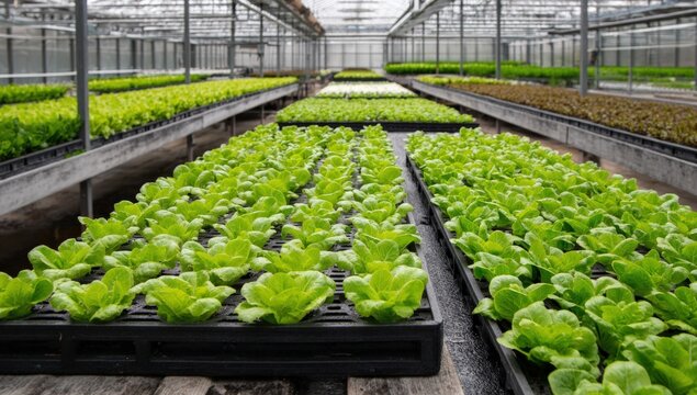 Rows of young lettuce seedlings in a greenhouse