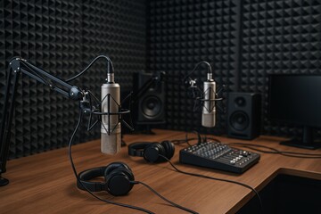 Professional recording studio setup with premium microphones and acoustic treatment for high-quality audio production