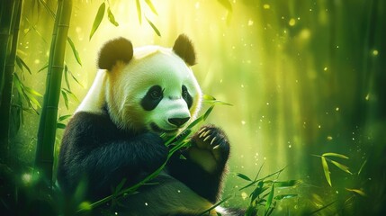 A panda bear lazily chewing on bamboo stalks in a serene bamboo forest