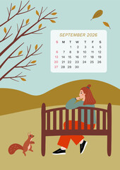 Calendar of september 2026 with hand drawn illistration. Poster with a girl in the forest looking at a squirrel
