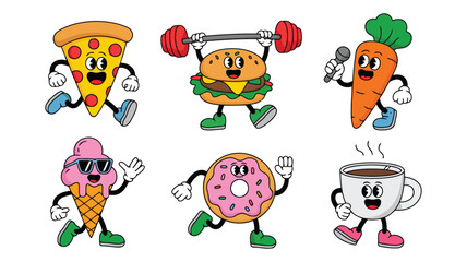 Obraz premium Cheerful cartoon food characters: pizza, burger, carrot, ice cream, donut, coffee cup; retro style, playful mood, vibrant colors, vector illustration.