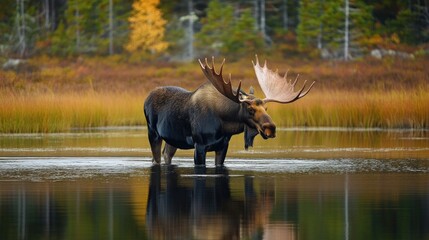 A regal moose wading through the shallow waters of a calm lake