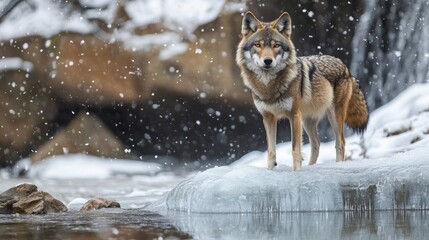 A regal wolf standing at the edge of a frozen waterfall