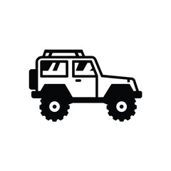 Simple black glyph icon of a rugged off-road vehicle, symbolizing adventure, exploration, and overland travel on a white background