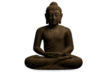 Ancient stone Buddha meditation statue with weathered patina on dramatic black backdrop