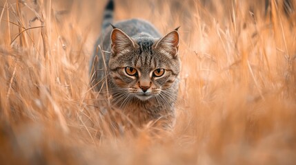 A stealthy wildcat walking silently through tall golden grass on a hunting prowl with its fur camouflaging perfectly