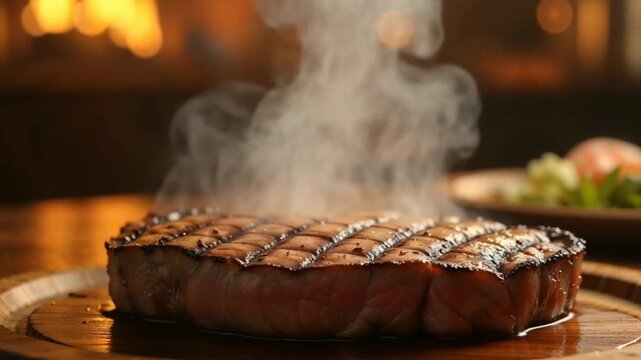 Copper-Toned Smoke Rising from Grilled Steak on Wooden Platter &ndash; Steakhouse Restaurant Animation