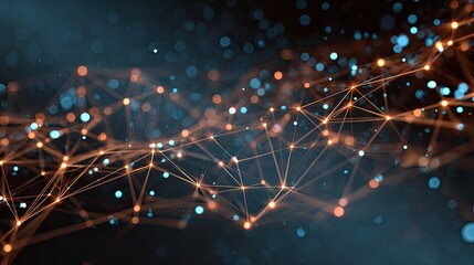 Abstract network of interconnected nodes.  A complex web of lines and points, in shades of orange, teal, and blue, on a dark background.  Intricate connections and blurred, glowing dots
